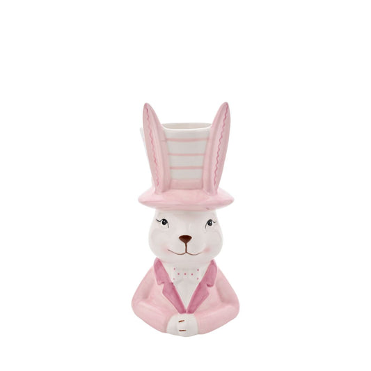 Bring a playful touch to your product line with the Eggs-traordinary Gifting Company's Bunny in Top Hat Pink Planter. Featuring an adorable bunny in pastel pink this charming planter adds a whimsical flair on its own and even more vibrancy when paired with plants or flowers.