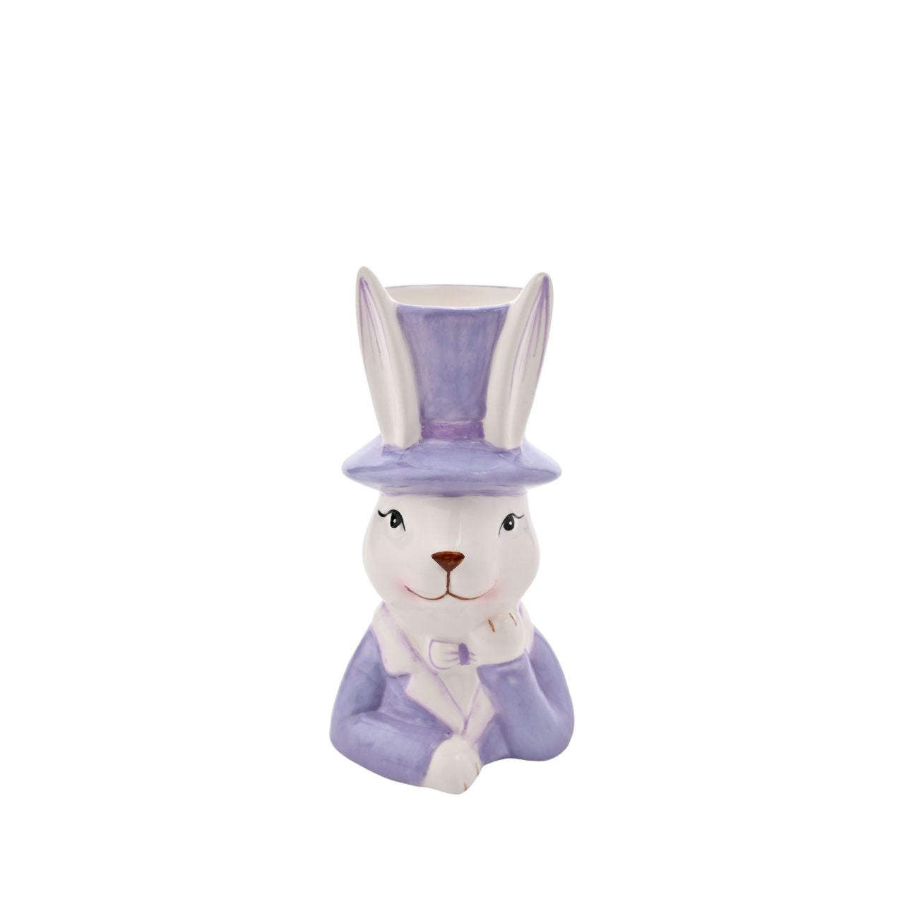 Bring a playful touch to your product line with the Eggs-traordinary Gifting Company's Bunny in Top Hat Purple Planter. Featuring an adorable bunny in pastel purple, this charming planter adds a whimsical flair on its own and even more vibrancy when paired with plants or flowers.