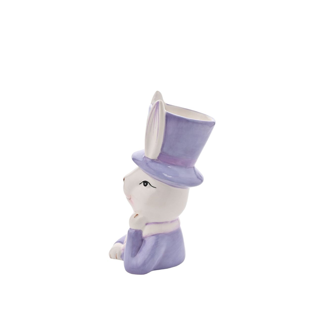 Bring a playful touch to your product line with the Eggs-traordinary Gifting Company's Bunny in Top Hat Purple Planter. Featuring an adorable bunny in pastel purple, this charming planter adds a whimsical flair on its own and even more vibrancy when paired with plants or flowers.