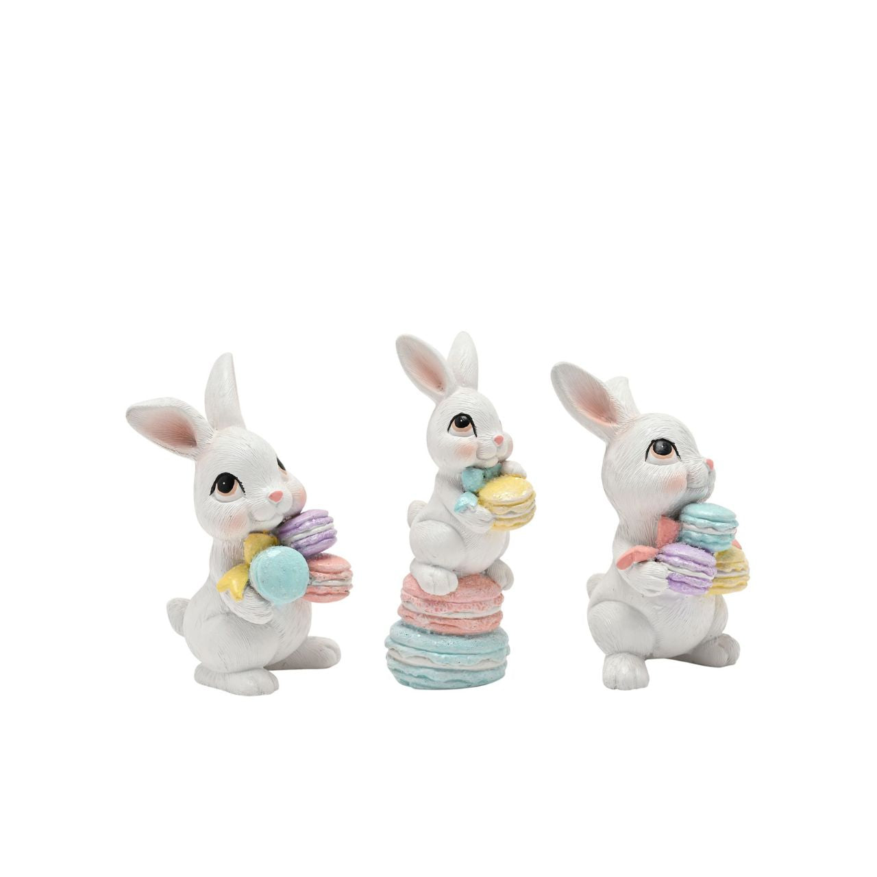 The Eggs-traordinary Gifting Co Bunny with Macarons Figurines features a playful bunny figurines each one holding a stack of pastel macarons.