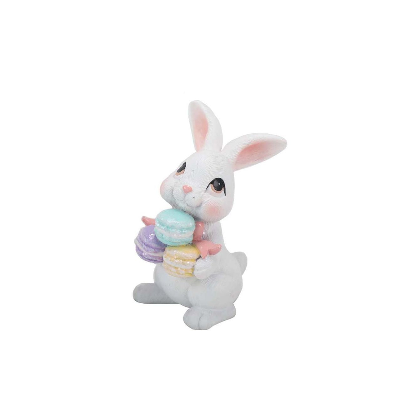 The Eggs-traordinary Gifting Co Bunny with Macarons Figurines features a playful bunny figurines each one holding a stack of pastel macarons.