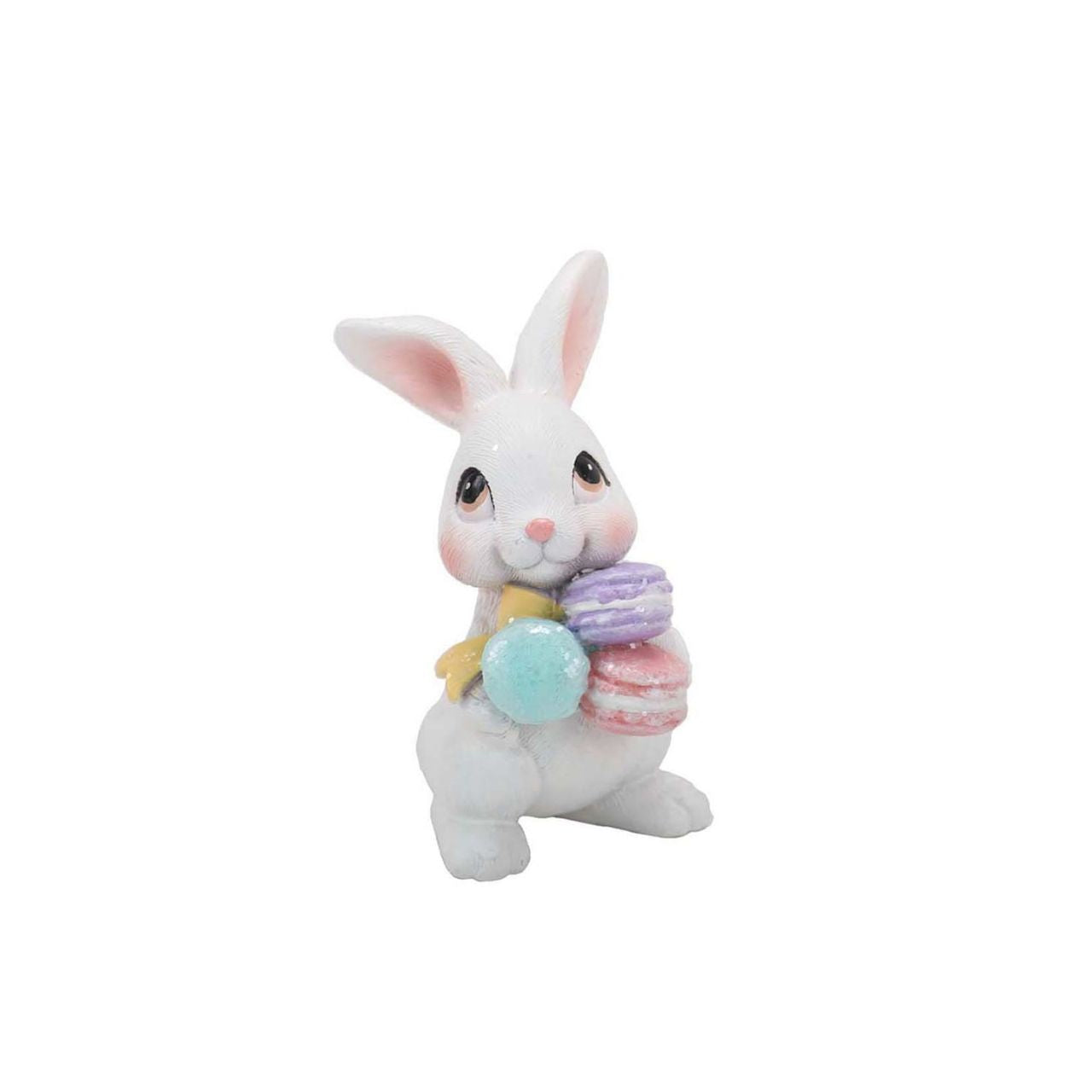 The Eggs-traordinary Gifting Co Bunny with Macarons Figurines features a playful bunny figurines each one holding a stack of pastel macarons.