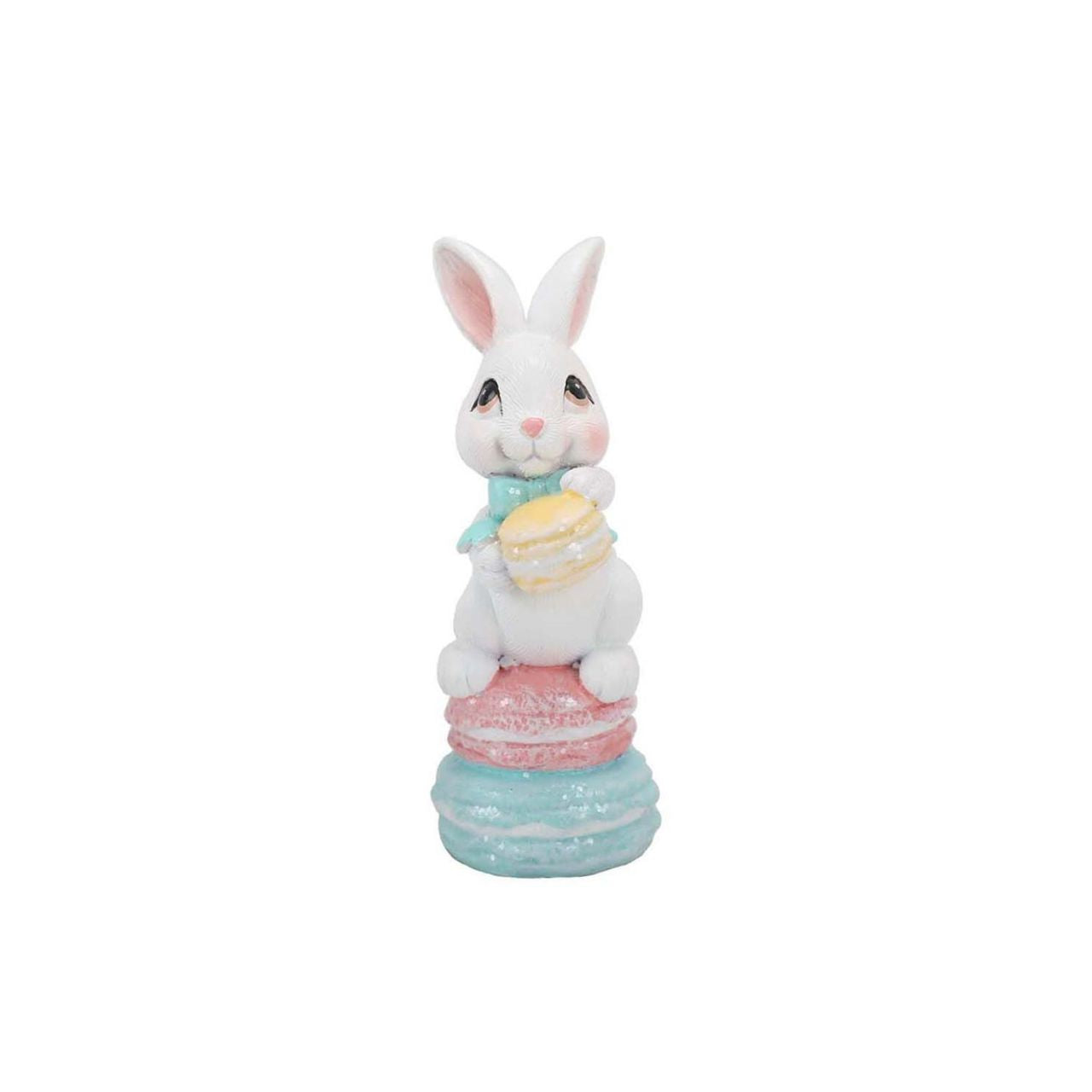 The Eggs-traordinary Gifting Co Bunny with Macarons Figurines features a playful bunny figurines each one holding a stack of pastel macarons.