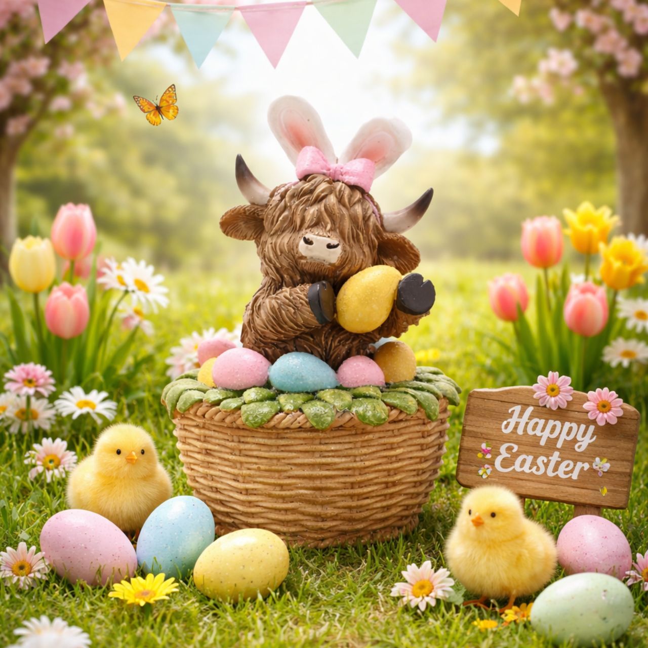 A seasonal update on a popular design, The Eggs-traordinary Gifting Co. Highland Cow in an Easter Basket figurine features the character with bunny ears.
