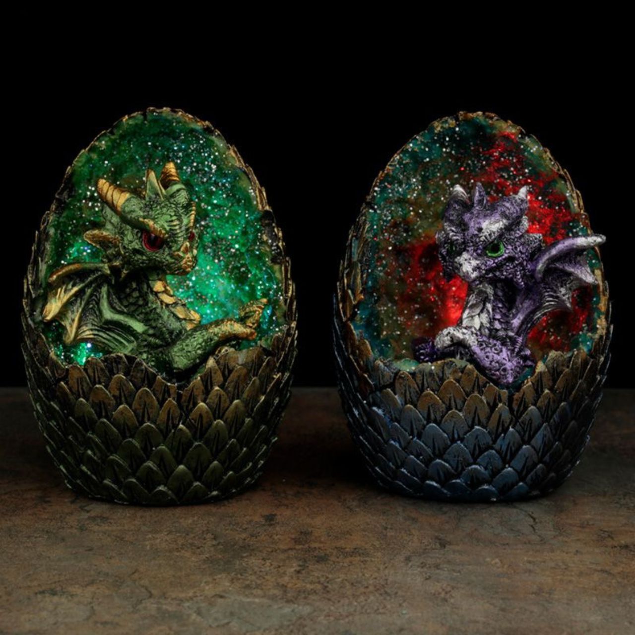 Elements Baby Dragon LED Crystal Egg  - Material: Resin and Plastic - Batteries Required: 2 x LR44 - Batteries Included: Yes - LED: Controlled by an on/off switch on the bottom, the LED rotates between multiple colours.