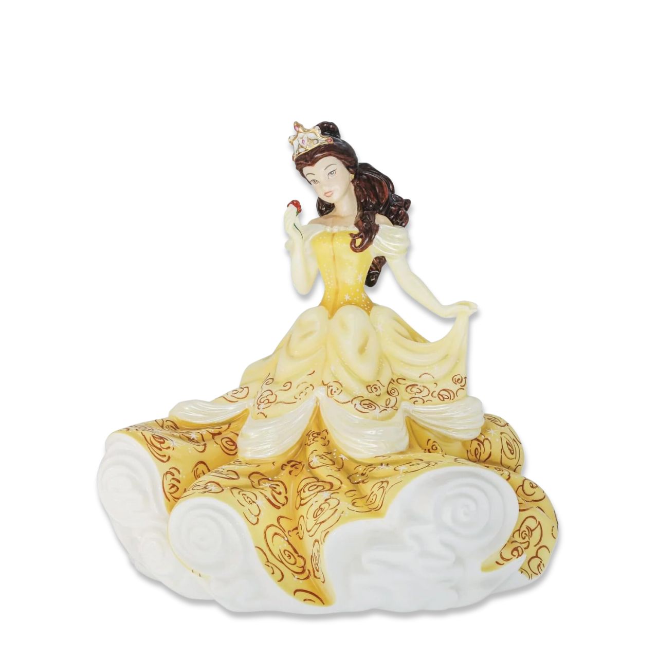 Disney Belle Princess figurine from Disney’s Beauty and the Beast  Full of movement in Valerie Annand’s model, and with delicate 22ct gold and Mother of Pearl lustre detail from Master Painter Dan Smith. Belle holds a handmade rose which is reflected in the decoration on her gown.