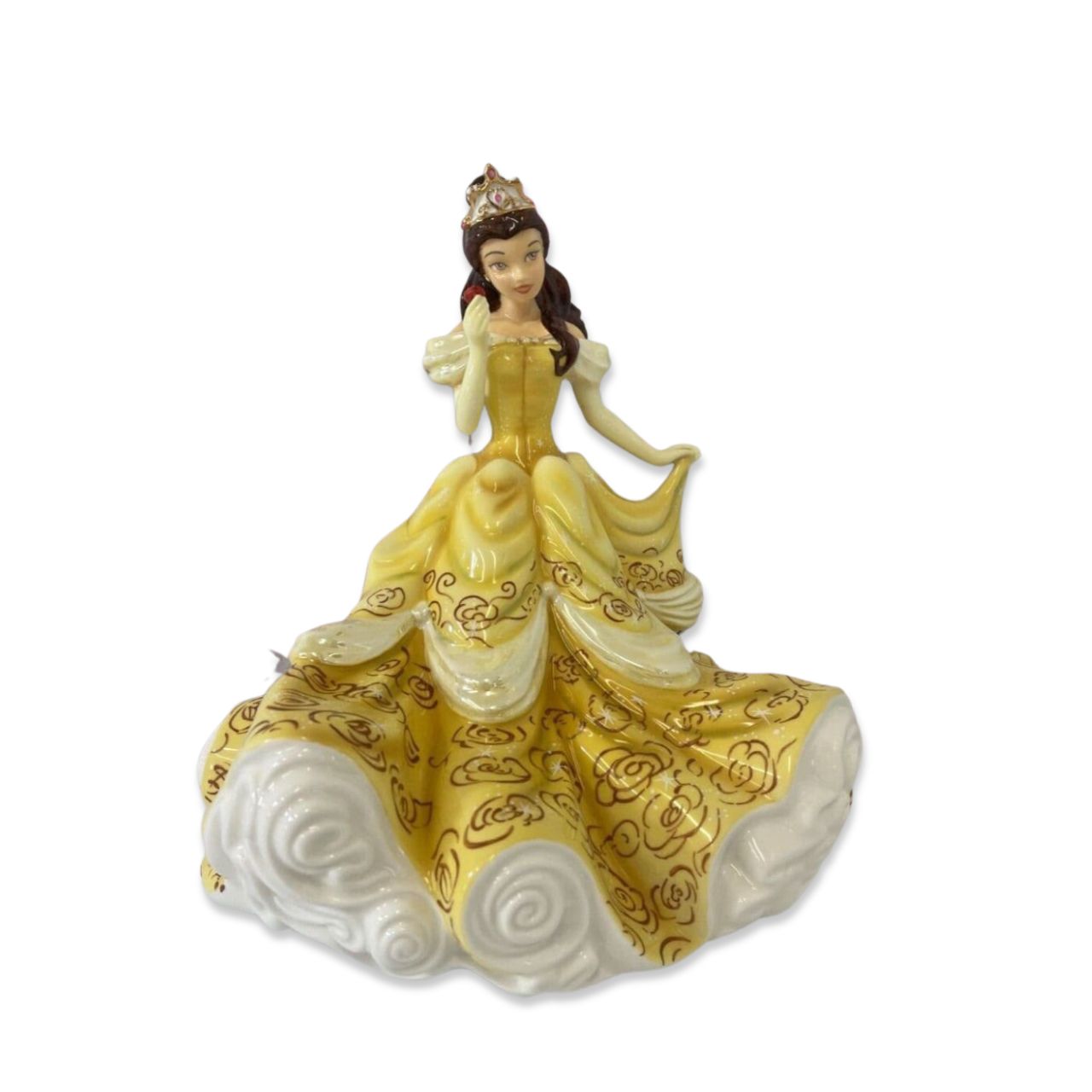Disney Belle Princess figurine from Disney’s Beauty and the Beast  Full of movement in Valerie Annand’s model, and with delicate 22ct gold and Mother of Pearl lustre detail from Master Painter Dan Smith. Belle holds a handmade rose which is reflected in the decoration on her gown.