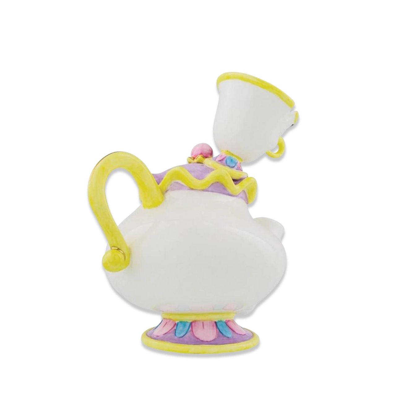 Mrs Potts & Chip figurine from Disney’s Beauty and the Beast  Mrs Potts and Chip are two of the most loved characters from the classic Disney animated film, Beauty and the Beast and we are delighted to add them to our collection. Hand-made and hand decorated, this pair will bring a smile to any face and show the special bond between Chip and his mum.