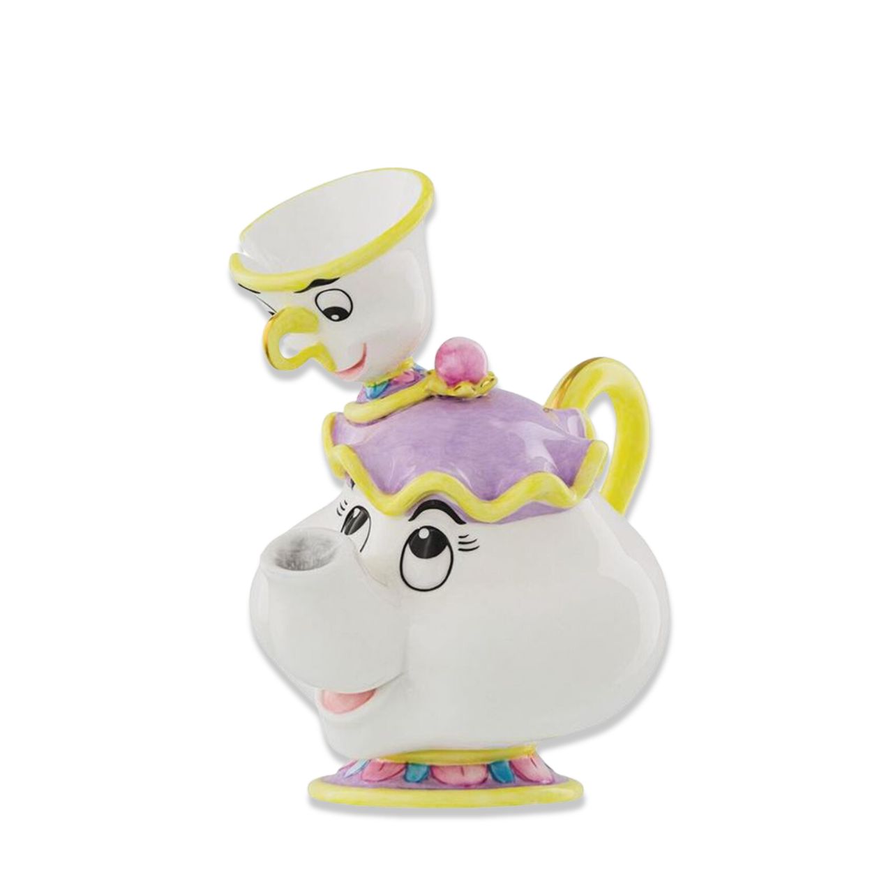 Mrs Potts & Chip figurine from Disney’s Beauty and the Beast  Mrs Potts and Chip are two of the most loved characters from the classic Disney animated film, Beauty and the Beast and we are delighted to add them to our collection. Hand-made and hand decorated, this pair will bring a smile to any face and show the special bond between Chip and his mum.