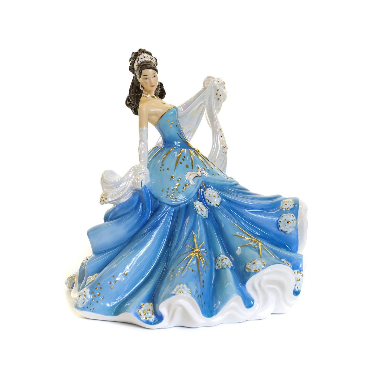 English Ladies Sapphire Radiance  This striking blue colourway is Sapphire Radiance! Mother of Pearl lustre with real gold highlights makes this figure a must for your collection.