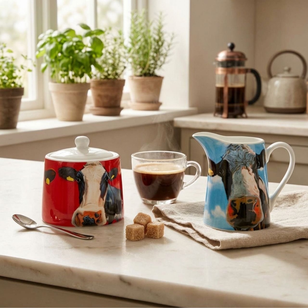 This set of milk jug and sugar bowl have iconic Eoin O'Connor designs on the outside.
Made from New Bone China and presented in a beautiful cow print gift box.