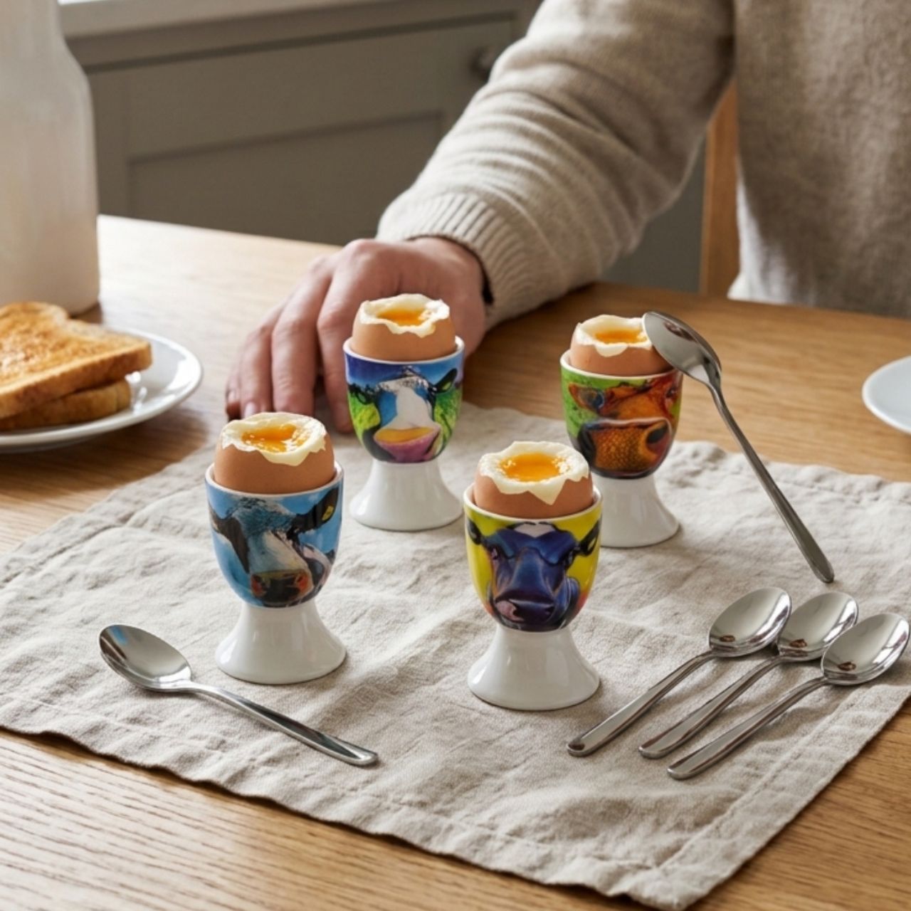 A fun set of four Egg Cup holders with Matching Spoons that have the Iconic Cow design from Eoin O'connor. Set of four New Bone China Egg Cups and four tea spoons in a gift box with cow print.