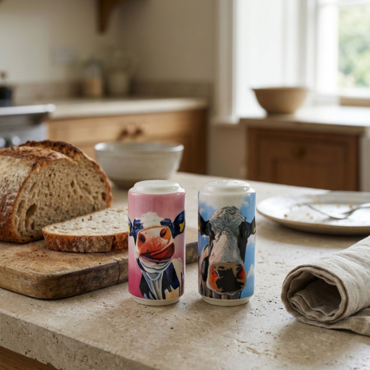 Tinahely Girl and Frenchie artwork are on these salt and Pepper holders.
Made from New Bone China these Salt & Peppers come in a cow print gift box.