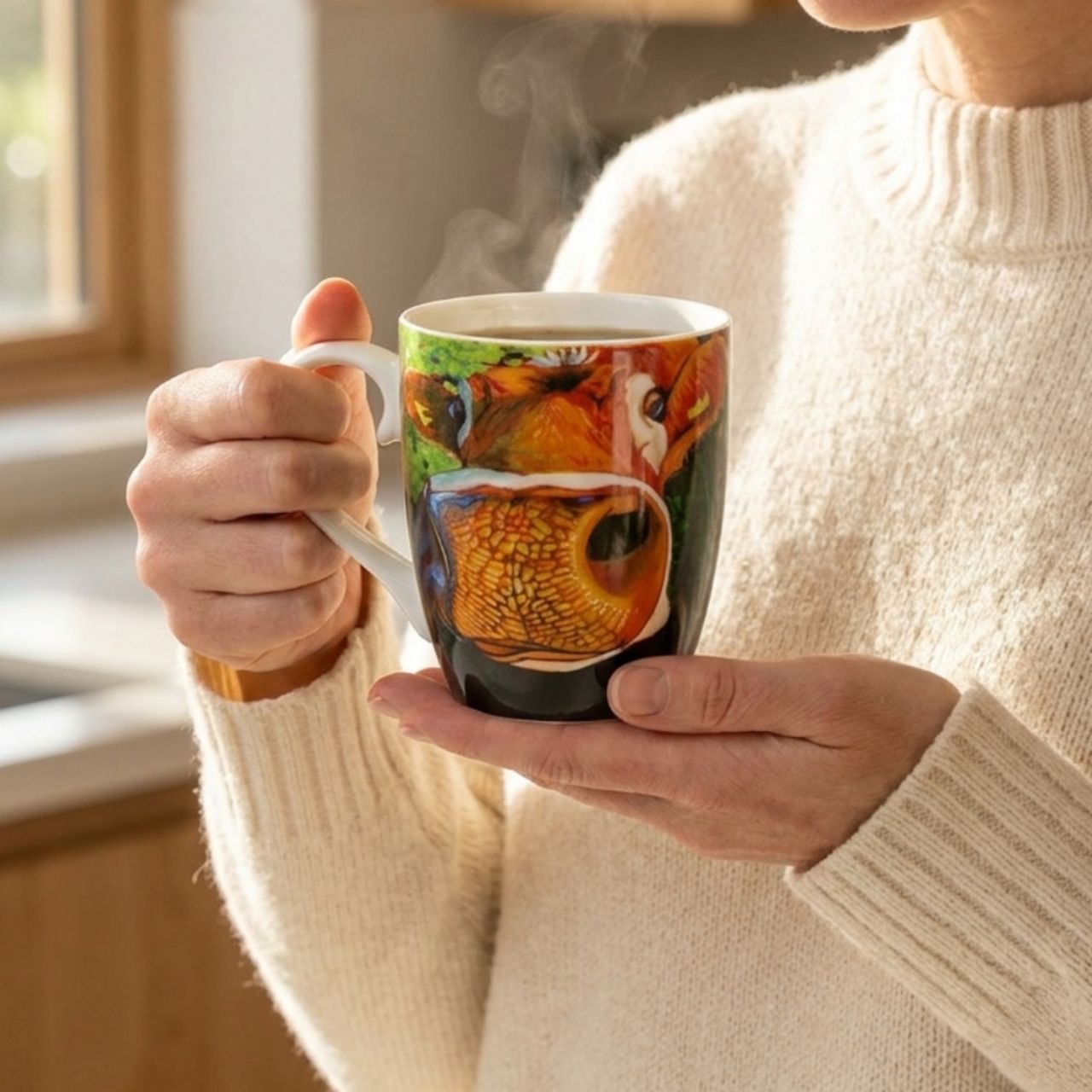 Eoin O'Connor 'Reach for the Stars' artwork presented on a stylish Mug. 12 Oz Mug made of New Bone China. With curved handle to ensure you do not scald your fingers and presented in a Gift Box.