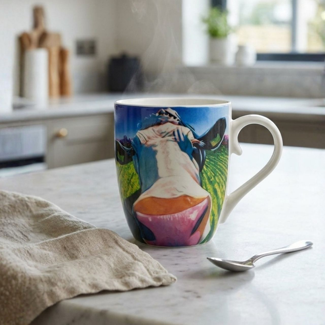 Eoin O'Connor 'The Mover and Shaker' artwork presented on a stylish Mug. 12 Oz Mug made of New Bone China. With curved handle to ensure you do not scald your fingers and presented in a Gift Box.