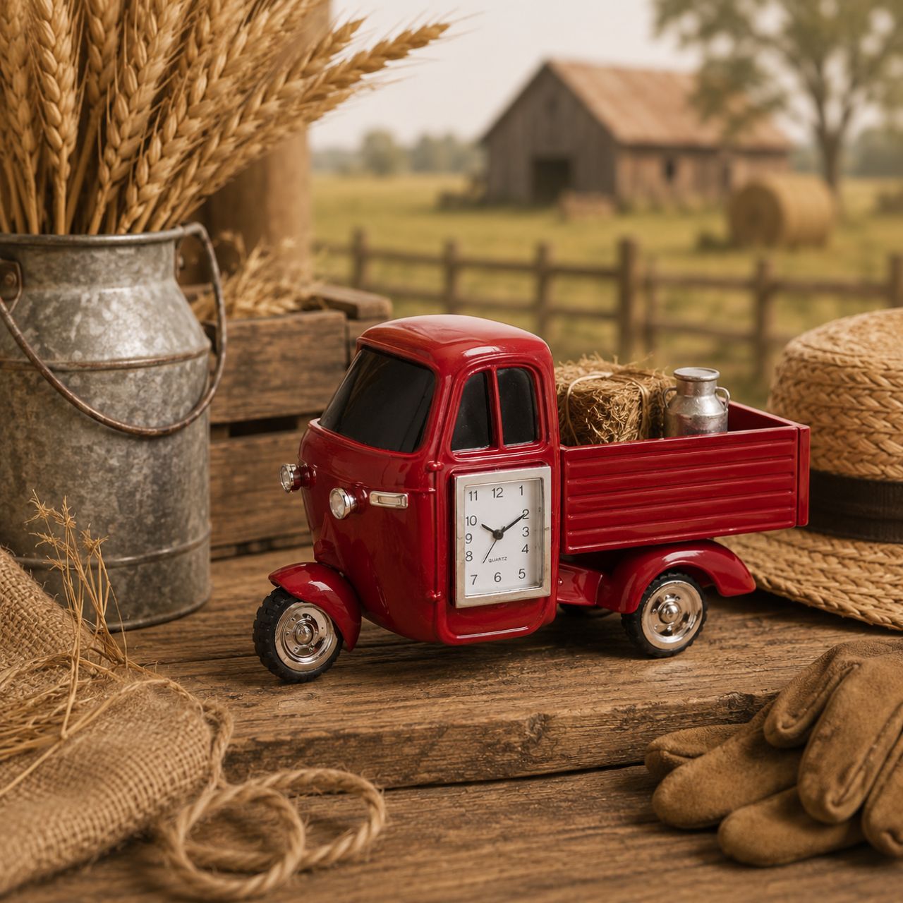 A miniature 3-wheel red truck clock.