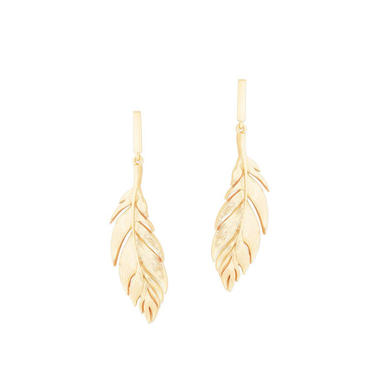 Feather Collection Gold Simple Drop Earrings by Tipperary  The Tipperary Feather Simple Drop Earrings offer an elegant take on feather jewellery collection in gold. These drop earrings offer a modern twist on traditional jewellery designs. Wear them to add a touch of sophistication to any outfit.
