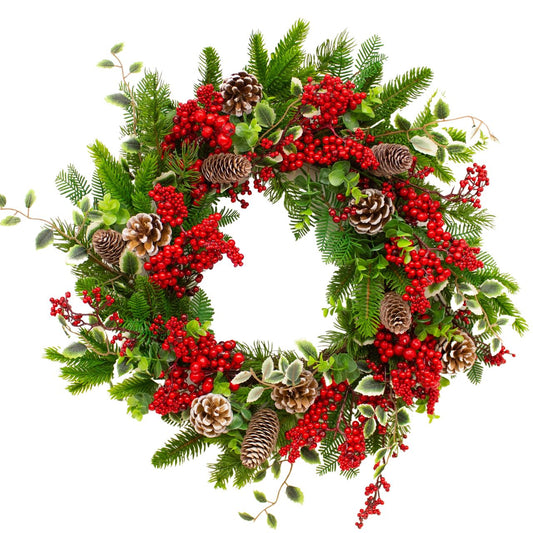 Enchante Festive Gathering Wreath 55 cm  The Christmas Festive Gatherings Wreath is a perfect addition to any celebration. It's crafted with high-quality materials for a long-lasting, eye-catching decoration. Lightweight and durable, it easily hangs to provide a festive touch to your gathering.