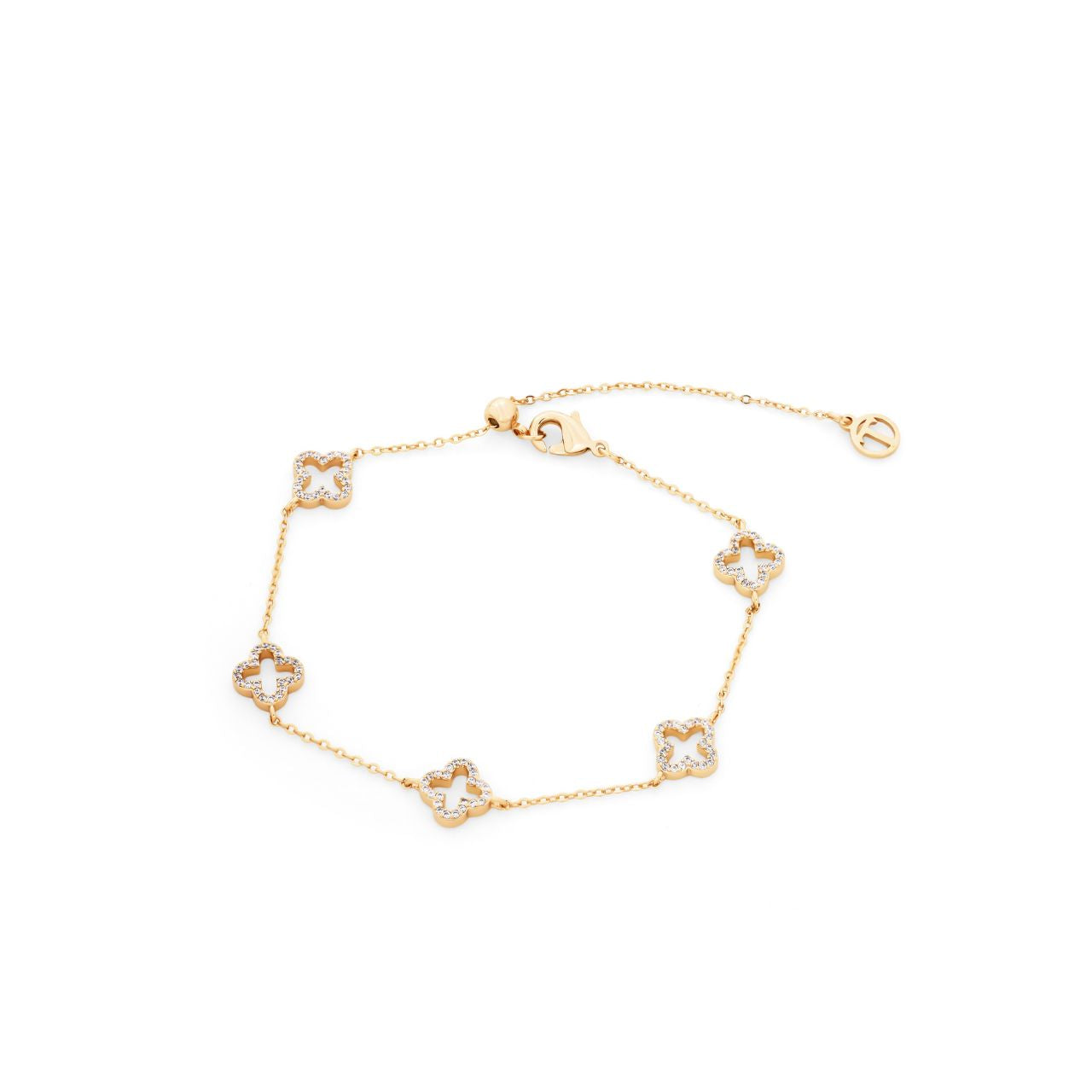 Elevate your everyday elegance with this stunning Fleur bracelet from Tipperary's celebrated collection. Featuring five brilliantly set cubic zirconia insets arranged in an exquisite fleur-de-lis pattern, this gold bracelet captures light beautifully while maintaining timeless sophistication.