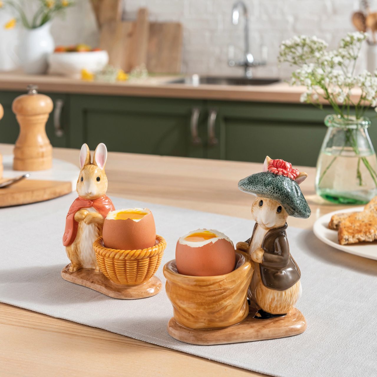 Peter Rabbit Flopsy Egg Cup  Serve your morning eggs in style with our unique and charming Flopsy egg cup, because regular egg cups aren't all they're cracked up to be... This beautiful Beatrix Potter egg cup has been made from sturdy ceramic and makes the ideal. collector's piece or gift. We recommend you use large eggs to feel the true benefit, or why not fill with mini chocolate eggs for a sweet easter gift.