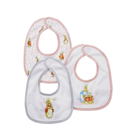 Beatrix Potter Flopsy Baby Collection Bibs Set of 3  Mealtimes and babies make a messy combination. So, we've created this adorable set of Flopsy bibs to combat mess and keep crumbs at bay. With their super soft fabric and easy-peasy fastenings, we've got mealtimes, and baby, covered.