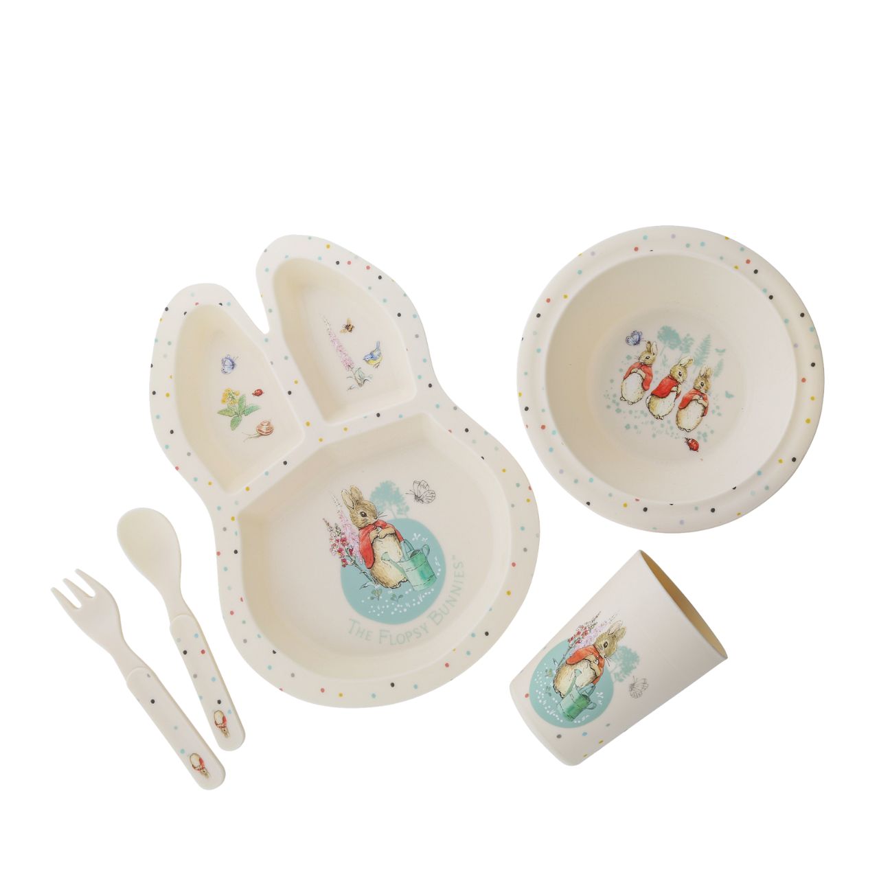 Peter Rabbit Flopsy Dinner Set  Introducing this brand new at home with Peter Rabbit collection. There's nothing quite like a fun Flopsy motif to entice those little tummies to clear their plates. Make mealtimes fun and practical with this dinner set. This highly durable dinner set can be used at home, in the garden, or on the go.
