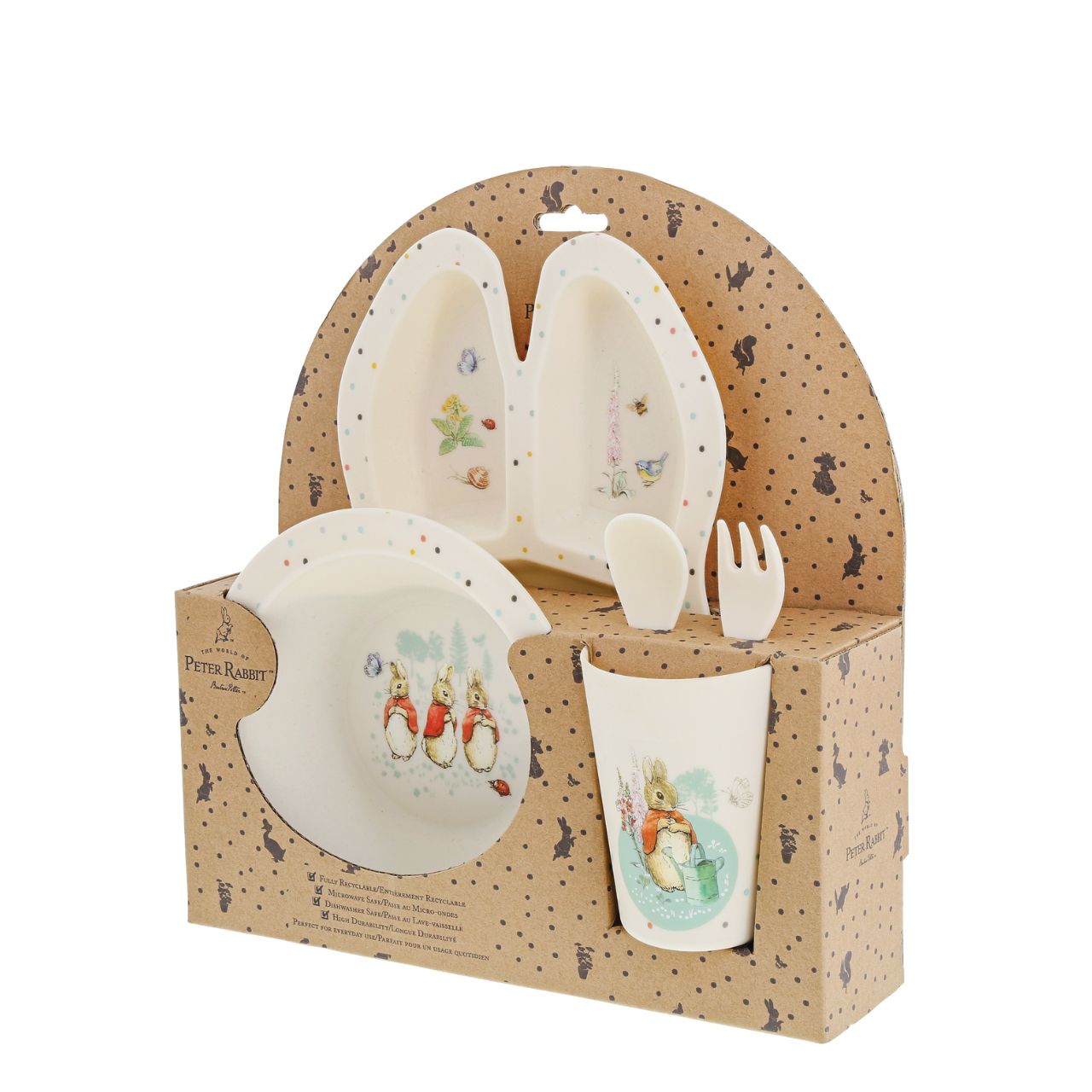 Peter Rabbit Flopsy Dinner Set  Introducing this brand new at home with Peter Rabbit collection. There's nothing quite like a fun Flopsy motif to entice those little tummies to clear their plates. Make mealtimes fun and practical with this dinner set. This highly durable dinner set can be used at home, in the garden, or on the go.