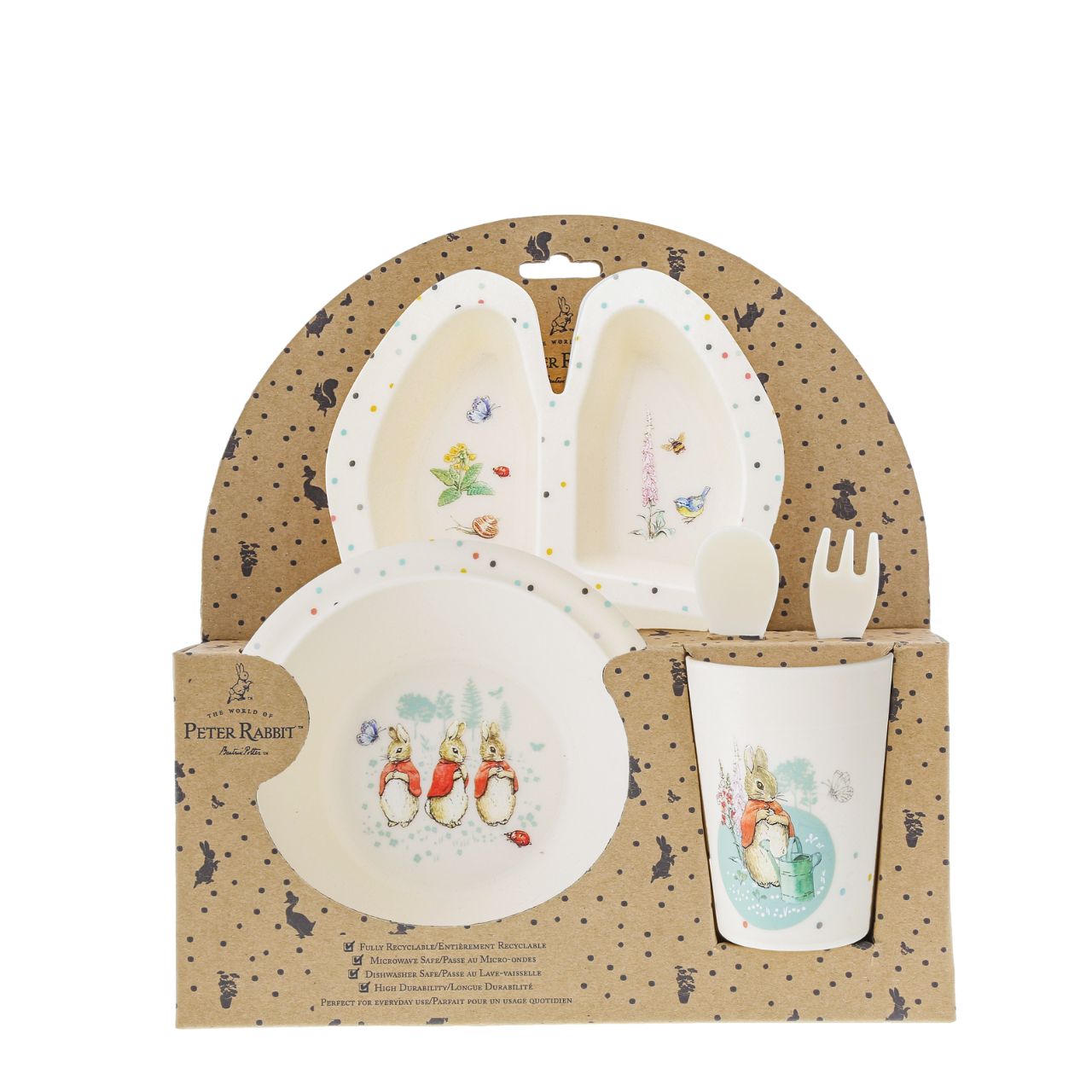 Peter Rabbit Flopsy Dinner Set  Introducing this brand new at home with Peter Rabbit collection. There's nothing quite like a fun Flopsy motif to entice those little tummies to clear their plates. Make mealtimes fun and practical with this dinner set. This highly durable dinner set can be used at home, in the garden, or on the go.