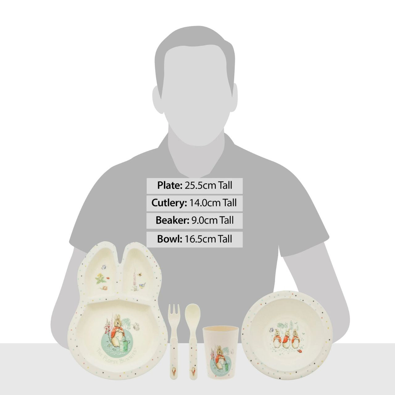 Peter Rabbit Flopsy Dinner Set  Introducing this brand new at home with Peter Rabbit collection. There's nothing quite like a fun Flopsy motif to entice those little tummies to clear their plates. Make mealtimes fun and practical with this dinner set. This highly durable dinner set can be used at home, in the garden, or on the go.