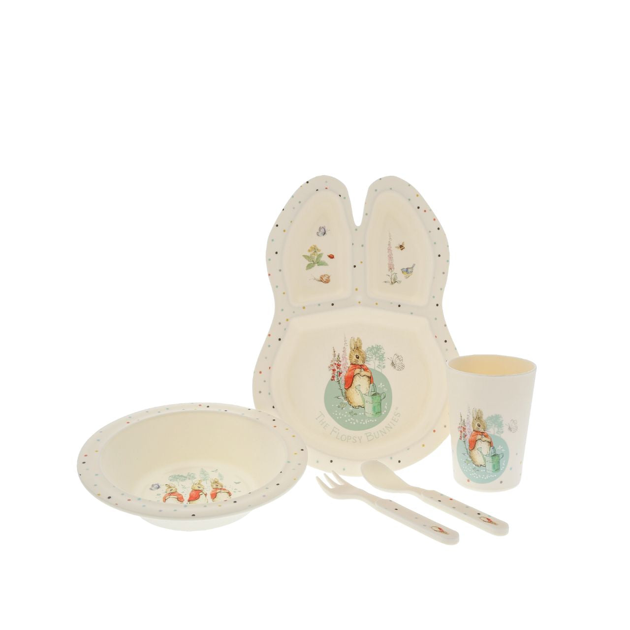 Peter Rabbit Flopsy Dinner Set  Introducing this brand new at home with Peter Rabbit collection. There's nothing quite like a fun Flopsy motif to entice those little tummies to clear their plates. Make mealtimes fun and practical with this dinner set. This highly durable dinner set can be used at home, in the garden, or on the go.