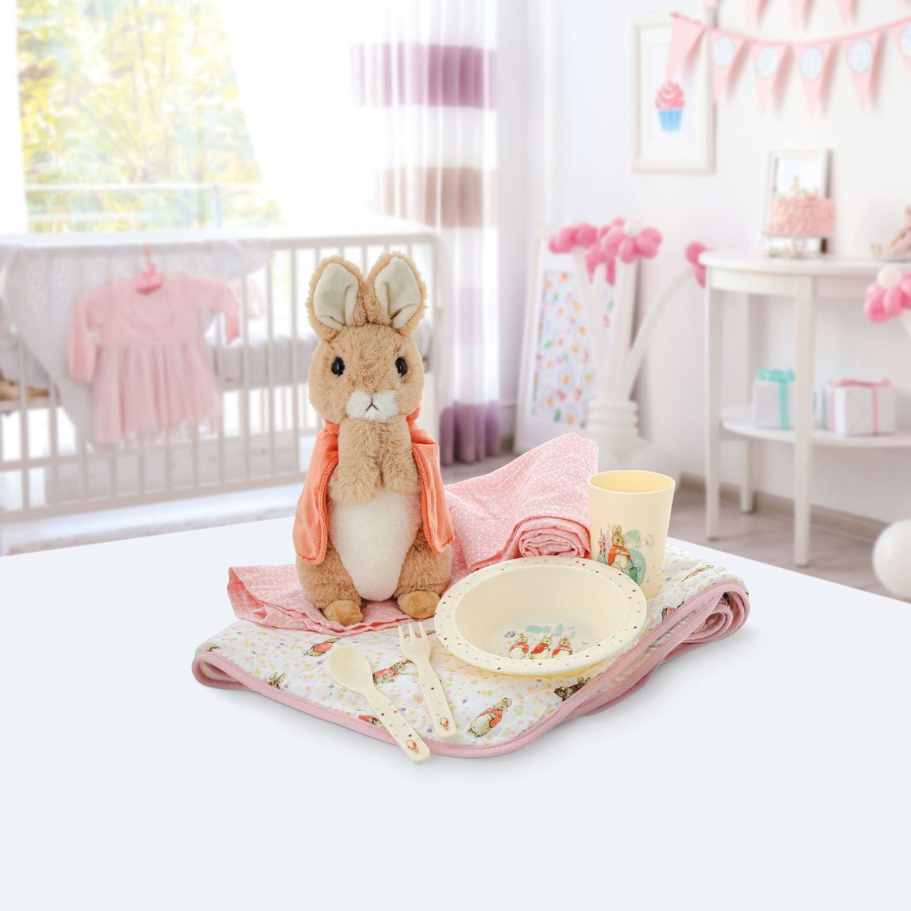 Flopsy Fork and Spoon Set by Beatrix Potter  Introducing this brand new at home with Peter Rabbit collection. There's nothing quite like a fun Flopsy motif to entice those little tummies to clear their plates. Make mealtimes fun and practical with this fork and spoon set.