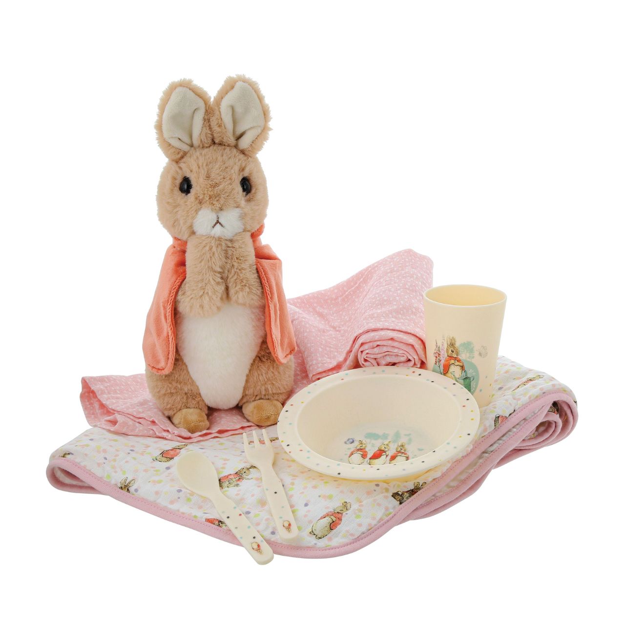 Flopsy Fork and Spoon Set by Beatrix Potter  Introducing this brand new at home with Peter Rabbit collection. There's nothing quite like a fun Flopsy motif to entice those little tummies to clear their plates. Make mealtimes fun and practical with this fork and spoon set.