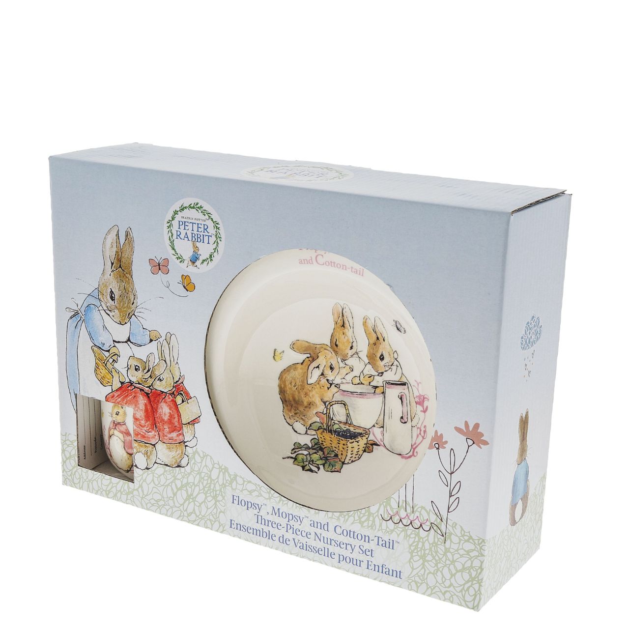 Beatrix Potter Flopsy, Mopsy & Cotton-tail Three-Piece Nursery Set  This beautiful Flopsy, Mopsy and Cotton-tail three-piece nursery set would make perfect for christening gifts, gifts for children or even a lovely birthday gift for a small child. Parents will be over the moon with such a unique gift.