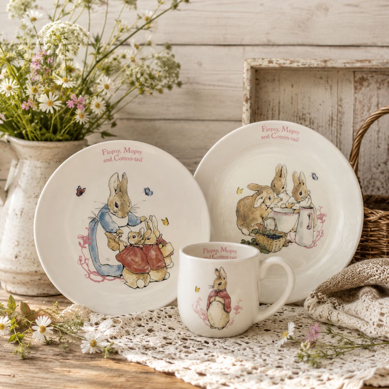 This beautiful Flopsy, Mopsy and Cotton-tail three-piece nursery set would make perfect for christening gifts, gifts for children or even a lovely birthday gift for a small child. Parents will be over the moon with such a unique gift.