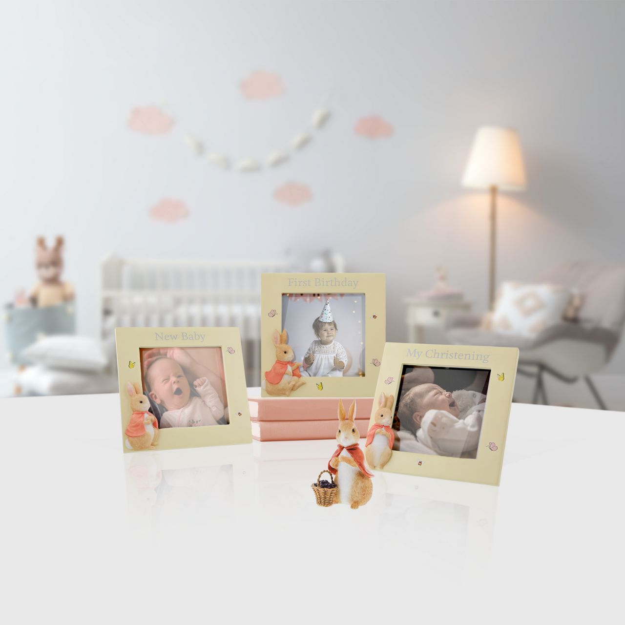 This charming Flopsy Christening photo frame is the perfect place to display a picture from your little ones Christening and is sure to earn a place of honour on a tabletop or mantel. Complete with original illustrations from the Beatrix Potter stories. Photo frame fits square sized photos.