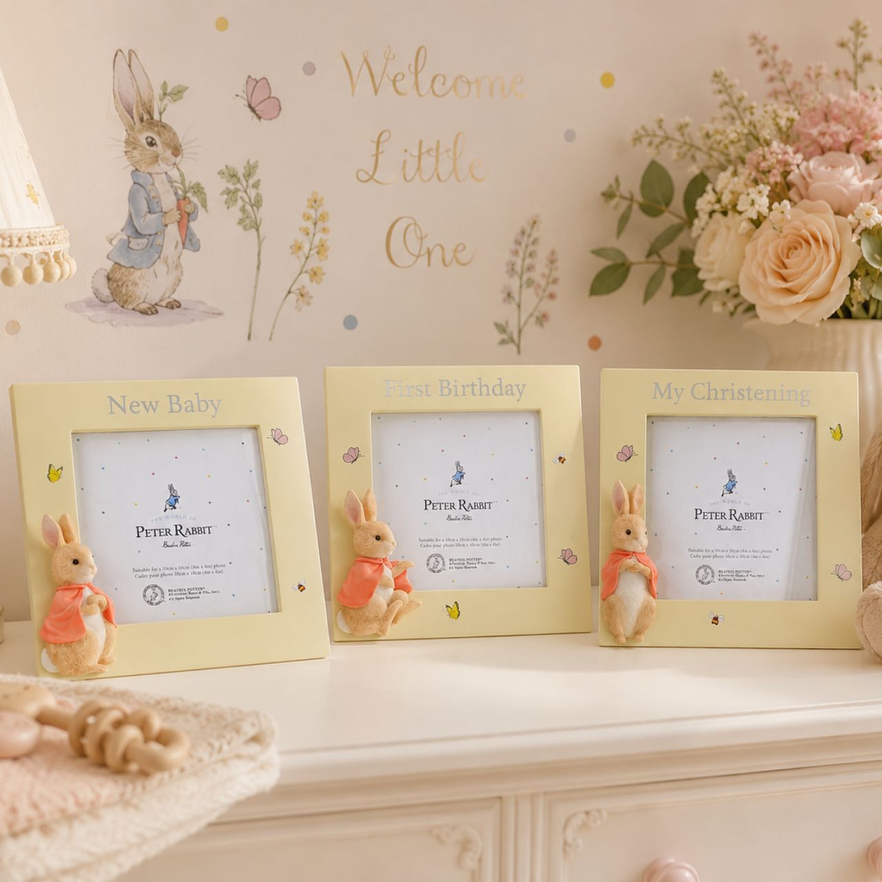 This charming Flopsy Christening photo frame is the perfect place to display a picture from your little ones Christening and is sure to earn a place of honour on a tabletop or mantel.