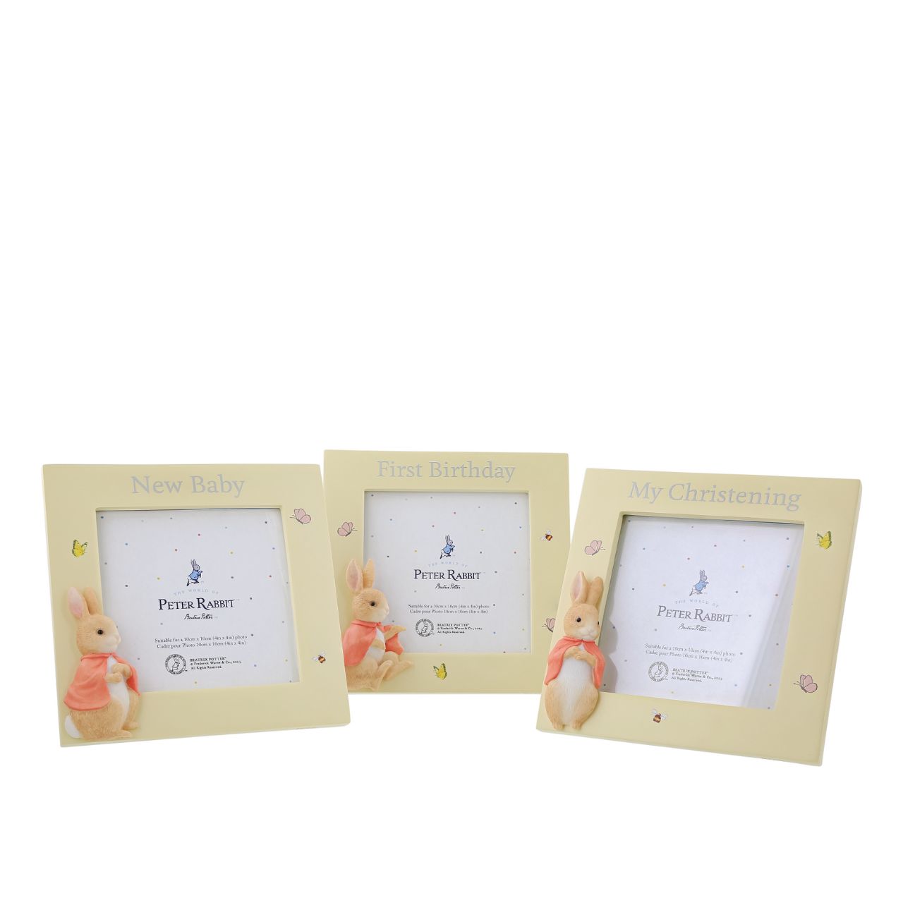Celebrate a new bundle of joy with this Flopsy new baby photo frame, a perfect way to display a treasured photo. Complete with original illustrations from the Beatrix Potter stories. Photo frame fits square sized photos.
