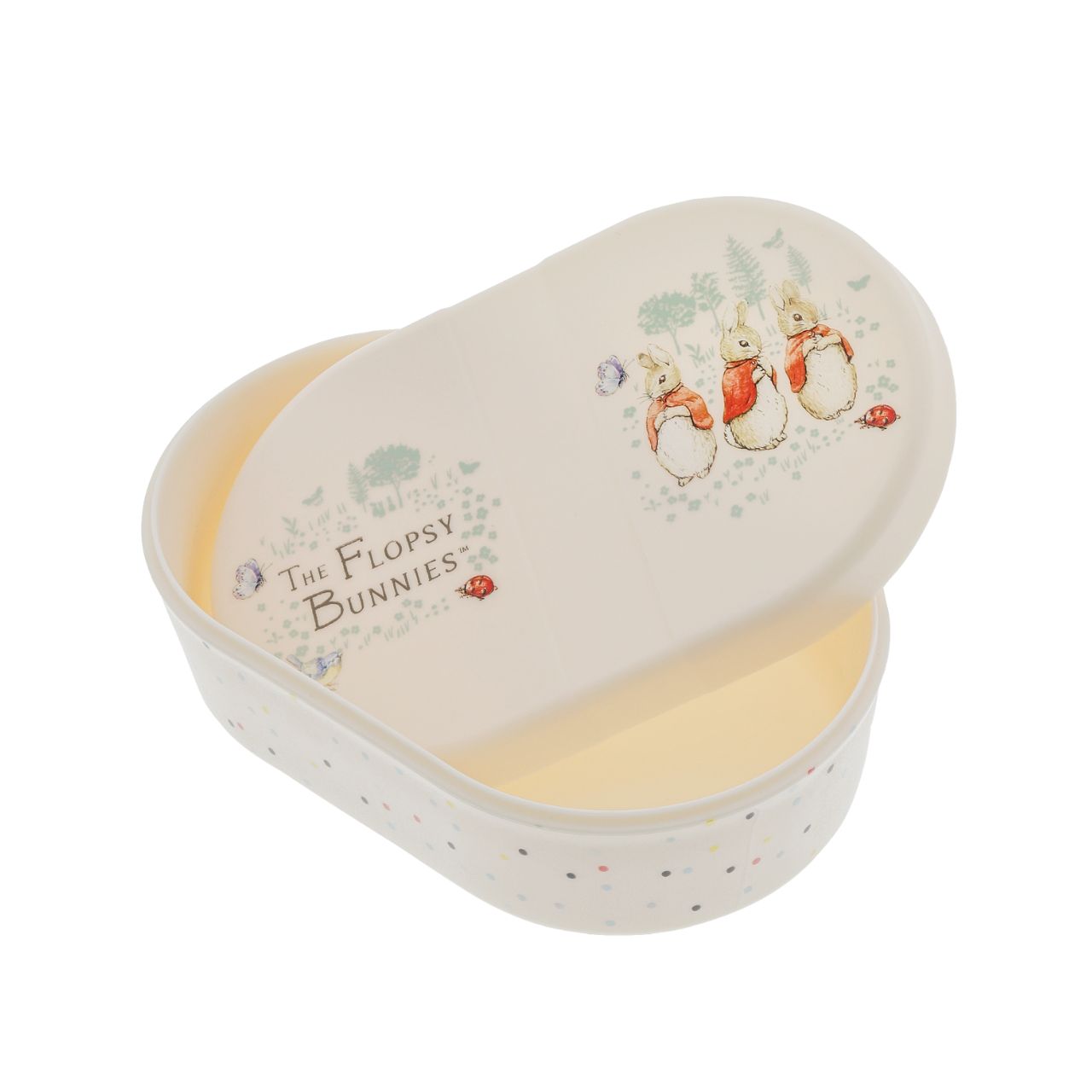 Beatrix Potter Flopsy Snack Box and Cutlery Set  Introducing this brand new at home with Peter Rabbit collection. There's nothing quite like a fun Flopsy motif to entice those little tummies to clear their plates. Make mealtimes fun and practical with this snack box set. Highly durable and can be used at home, in the garden, or on the go.
