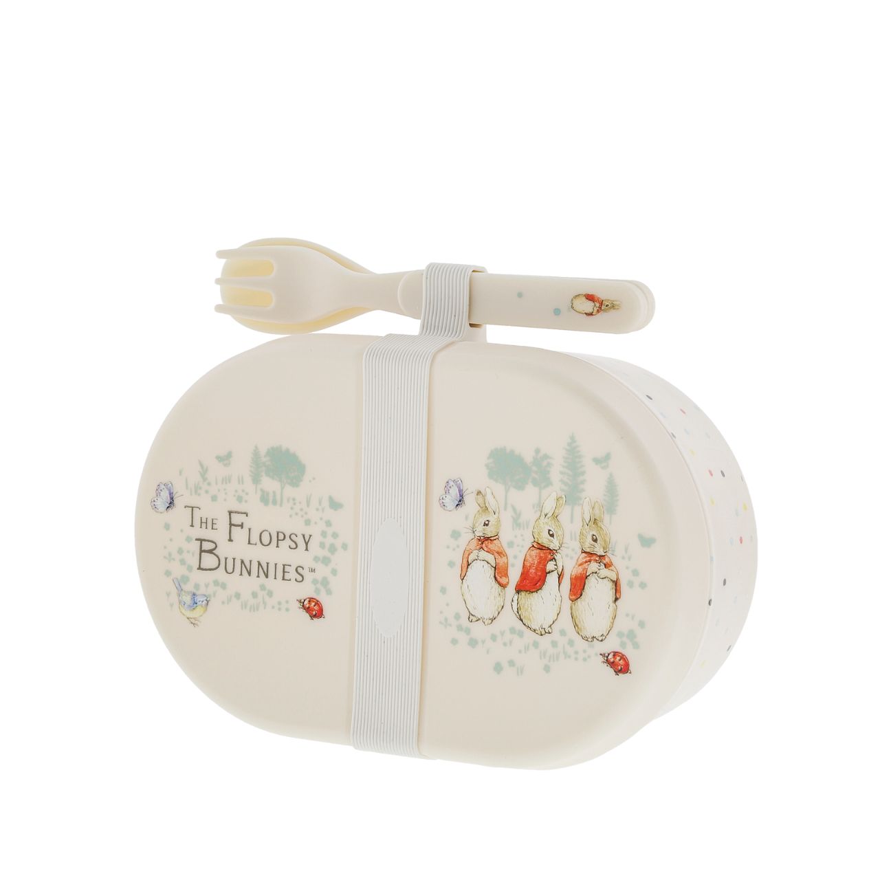 Beatrix Potter Flopsy Snack Box and Cutlery Set  Introducing this brand new at home with Peter Rabbit collection. There's nothing quite like a fun Flopsy motif to entice those little tummies to clear their plates. Make mealtimes fun and practical with this snack box set. Highly durable and can be used at home, in the garden, or on the go.