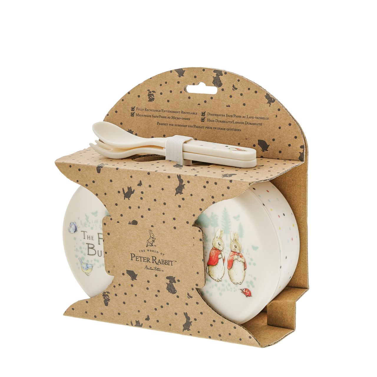 Beatrix Potter Flopsy Snack Box and Cutlery Set  Introducing this brand new at home with Peter Rabbit collection. There's nothing quite like a fun Flopsy motif to entice those little tummies to clear their plates. Make mealtimes fun and practical with this snack box set. Highly durable and can be used at home, in the garden, or on the go.