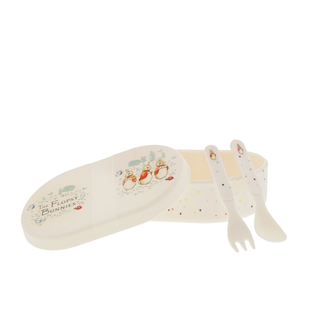 Beatrix Potter Flopsy Snack Box and Cutlery Set  Introducing this brand new at home with Peter Rabbit collection. There's nothing quite like a fun Flopsy motif to entice those little tummies to clear their plates. Make mealtimes fun and practical with this snack box set. Highly durable and can be used at home, in the garden, or on the go.
