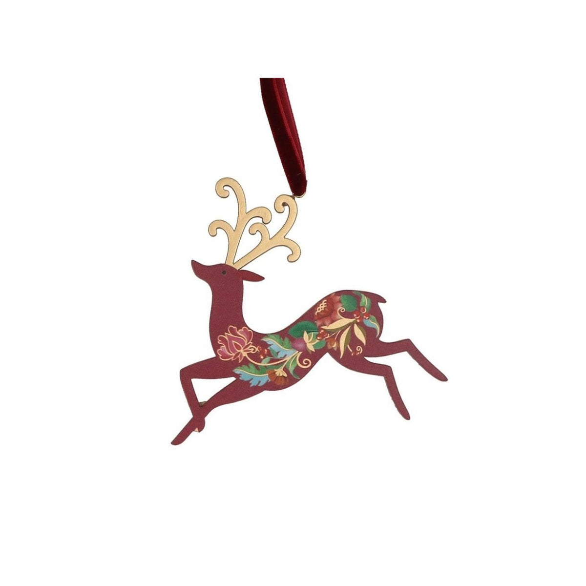 Gisela Graham Floribunda Wood Stag Christmas Hanging Ornament, available in Red, Green or Gold. This charming decorative piece brings festive elegance to your tree with its detailed stag design. Crafted from tin, it features an intricate floribunda pattern that catches the light beautifully. Perfect for collectors and those seeking a sophisticated seasonal accent.