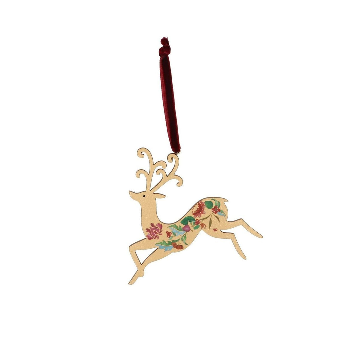 Gisela Graham Floribunda Wood Stag Christmas Hanging Ornament, available in Red, Green or Gold. This charming decorative piece brings festive elegance to your tree with its detailed stag design. Crafted from tin, it features an intricate floribunda pattern that catches the light beautifully. Perfect for collectors and those seeking a sophisticated seasonal accent.