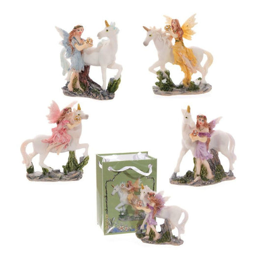 Flower Fairy & Unicorn in a Mini Bag  - Material: Resin Figure in a Mini Card Gift Bag with Ribbon Handles - Fairy Height 7 cm Width 6 cm Bag 9 x 6.5 x 4 cm