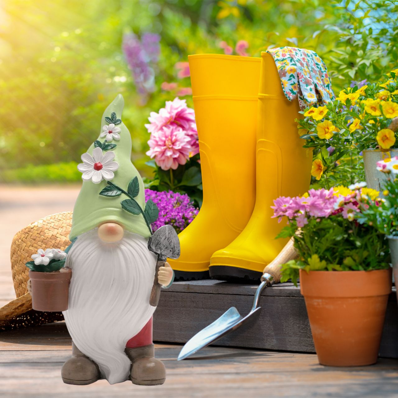 This fun-filled decoration will raise smiles and add character to gardens.  The hand painted resin garden decoration depicts a loveable gonk carrying their trowel and flowerpot. It showcases beautiful colouring throughout and offers versatile display options around the garden.