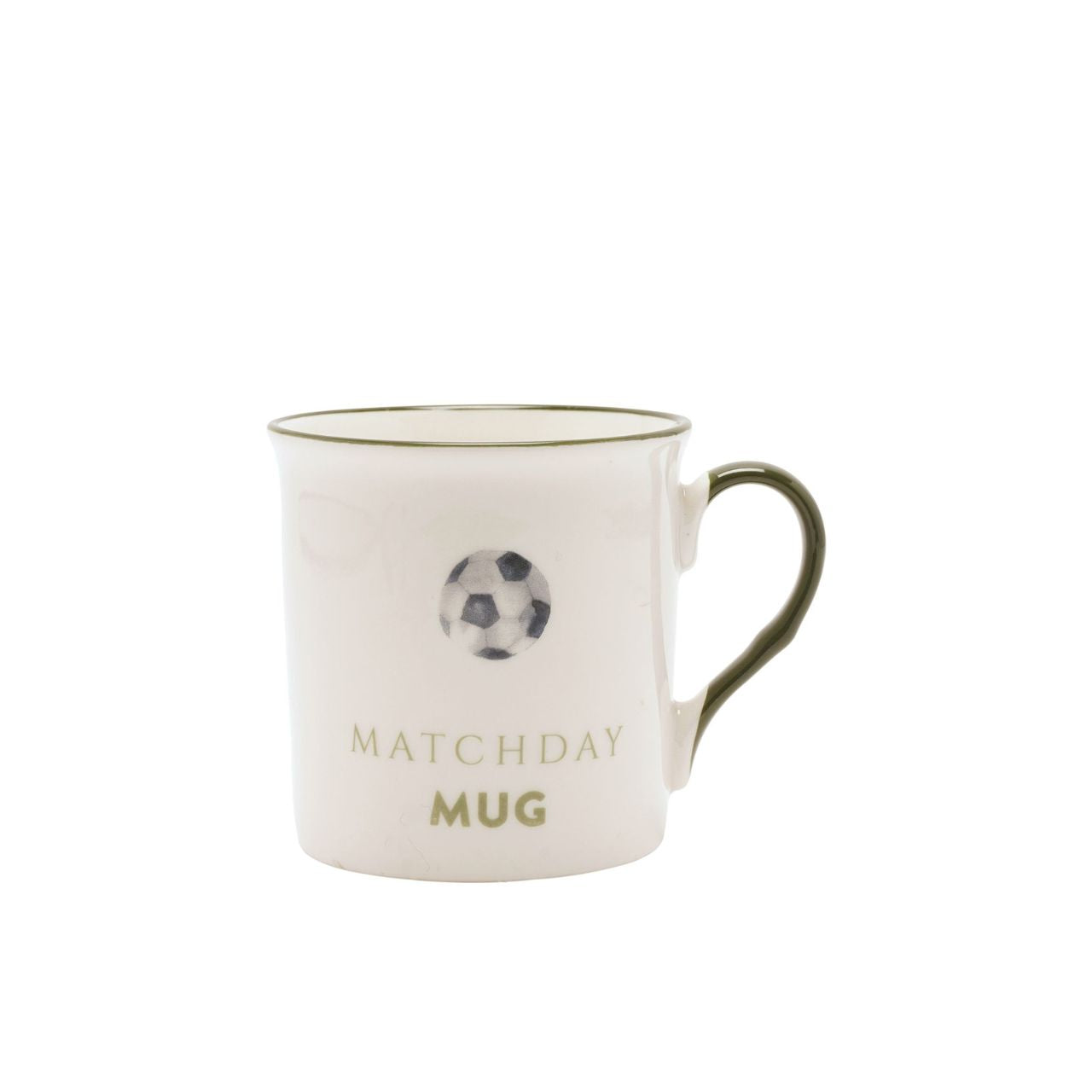 A white ceramic mug with a soccer ball design and the text "Matchday Mug" printed on it.