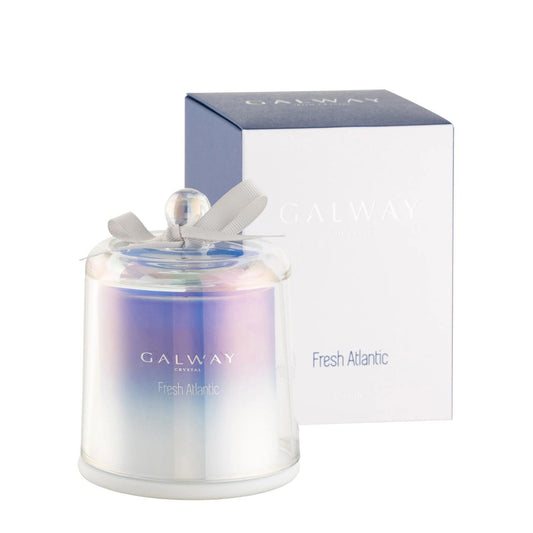 Galway Crystal Fresh Atlantic Bell Candle Jar  Our fresh atlantic scent will transform any room and certainly set the right mood. Top notes of ozone accord, bergamot & leafy green accord are contrasted with floral notes of ylang-ylang, soft jasmine, cyclamen & rosewood. Earthy base notes of musk, amber & sandalwood finish off this fragrance creating a timeless oceanic scent inspired by the Irish coast.