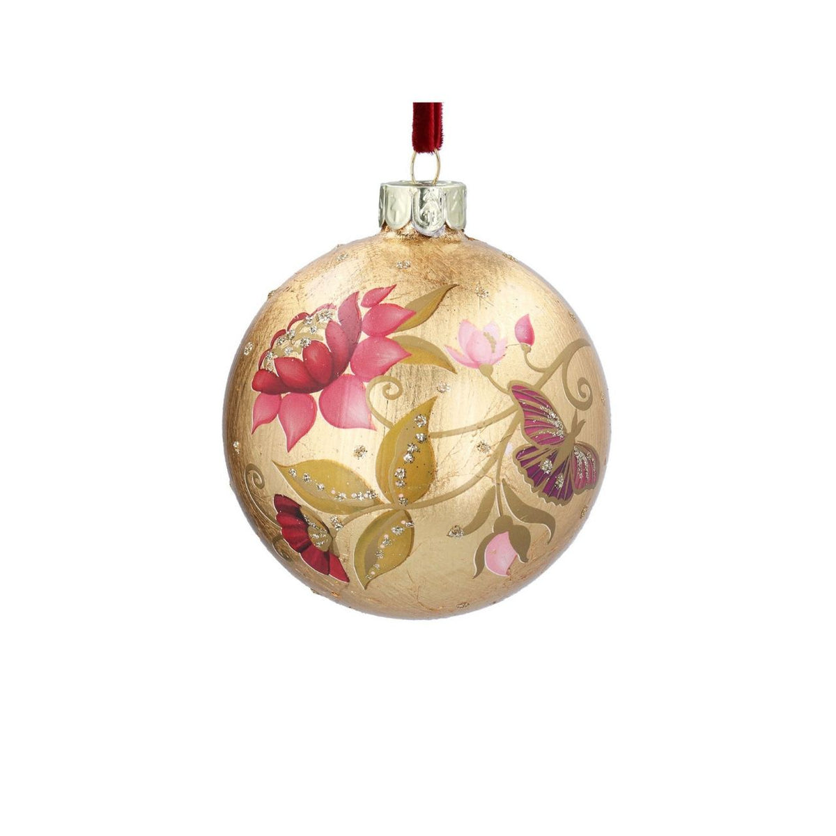 Bring festive elegance to your tree with this stunning Gisela Graham Fuchsia & Gold Leaf Floribunda Glass Bauble. Hand-crafted from 100% glass, this ornament features delicate fuchsia tones complemented by shimmering gold leaf detailing inspired by the charming floribunda flower.