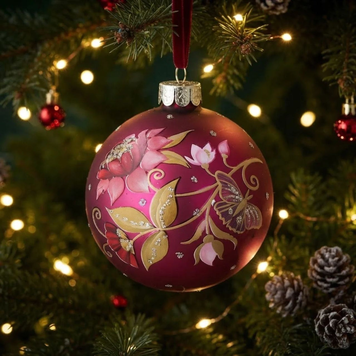 Bring festive elegance to your tree with this stunning Gisela Graham Fuchsia & Gold Leaf Floribunda Glass Bauble. Hand-crafted from 100% glass, this ornament features delicate fuchsia tones complemented by shimmering gold leaf detailing inspired by the charming floribunda flower.