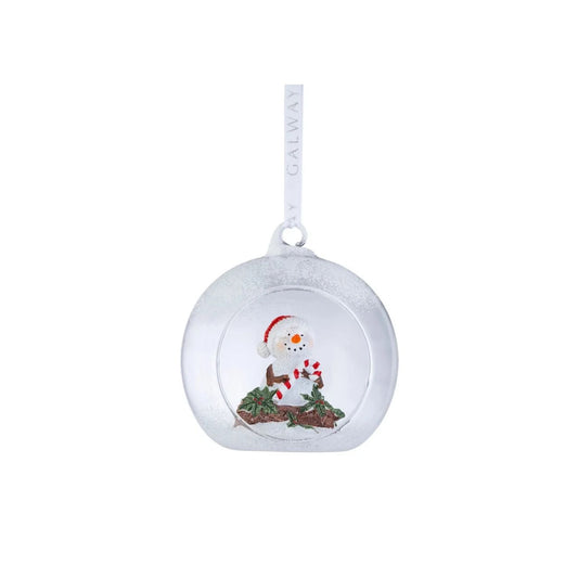 Sweet and playful, this crystal bauble showcases a delightful snowman holding a classic candy cane, bringing a dash of festive cheer and bright laughter to your tree display.